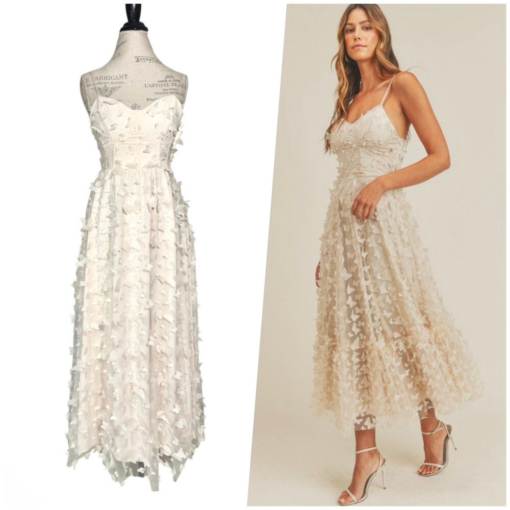 Thirty/Thirty LA | Women | Cream 3D Butterfly Appliqué Bustier Midi Dress | XS